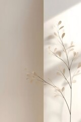 Aufkleber - ベージュ色の壁の背景に配置された白い装飾的な植物の枝 ミニマルな美的空間と柔らかな自然光と影