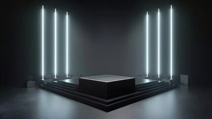 Poster - 幾何学的白ライト付き黒いステージプラットフォームと黒い背景の3Dレンダリング