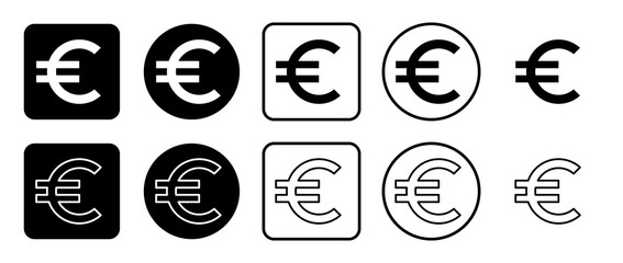 Poster - Icon set of euro symbol. Filled, outline, black and white icons set, flat style.  Illustration on transparent background