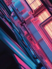 Poster - Abstract Urban Architecture with Vibrant Colors and Unique Geometric Shapes Under Soft Lighting at Dusk for Modern Design Concepts
