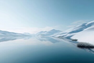 Aufkleber - 雪に覆われた山々と氷のような青い湖が広がる冬の風景 静けさと寒さが伝わる静かなシーン