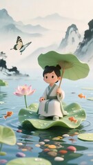 Aufkleber - 蓮の葉の傘を持つ可愛い少女が池の蓮の上に座り 金魚と蝶が舞う穏やかな風景のイラスト