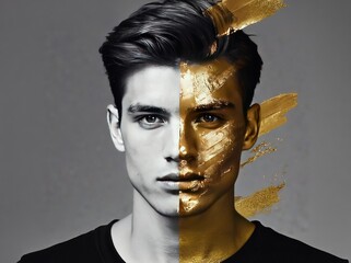 Poster - Abstract portrait featuring a young man with a gold paint effect on one side of his face showcasing modern artistic expression