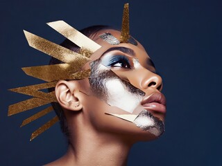 Poster - Stunning abstract portrait featuring a model adorned with shimmering gold accents and artistic facial design
