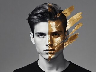 Poster - Striking abstract portrait of a young man with gold accents highlighting one side of his face against a neutral background