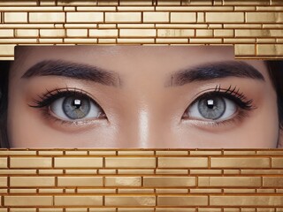 Poster - Captivating abstract portrait featuring striking blue-gray eyes framed by gold texture