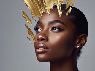 Poster - Golden abstract portrait of a woman with flawless skin and striking features showcasing modern artistic expression