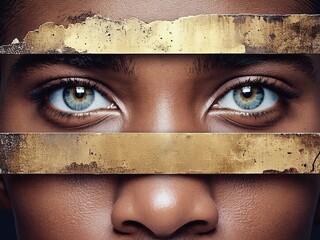 Poster - Striking abstract portrait highlighting captivating blue eyes and gold elements