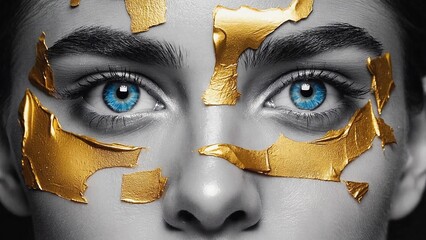 Poster - artistic portrait showcasing striking blue eyes adorned with gold accents against a monochrome backg