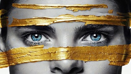 Poster - Modern abstract portrait featuring striking blue eyes framed by gold markings