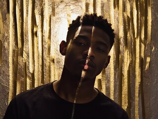 Poster - Abstract portrait of a young man against a striking gold backdrop highlighting modern artistry and expression