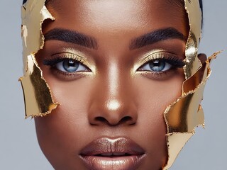 Poster - Stunning abstract portrait featuring gold accents highlighting facial features of a model with striking blue eyes and radiant skin