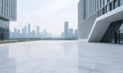 Aufkleber - 白大理石広場と現代的な高層ビル群が地平線を背景に広がる 中国の都市景観 美しい幾何学的デザインとミニマルなスタイルで表現