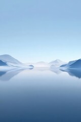 Aufkleber - 穏やかな水と薄青色の空に映る山々のミニマルな風景 水彩スタイルのデジタルアート