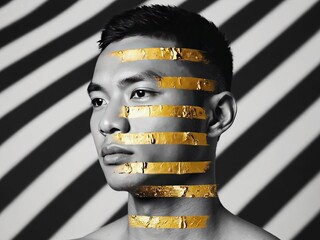 Poster - Striking abstract portrait featuring gold patterns on a male model against a bold striped background