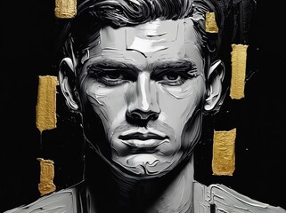 Poster - Intriguing abstract portrait blending monochrome tones with golden accents against a dark background