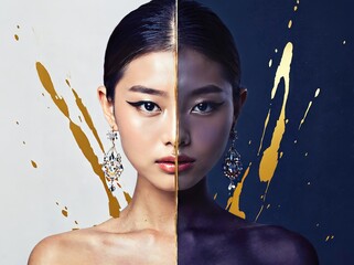 Poster - Portrait featuring an abstract design divided by gold accents on contrasting backgrounds