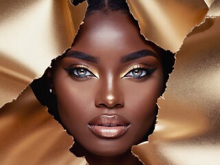 Poster - Bold abstract portrait of a woman framed by shimmering gold, showcasing striking features and captivating gaze in a creative artistic style