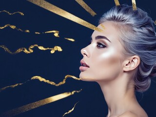 Poster - Portrait of a woman showcasing abstract gold elements in a striking modern art style