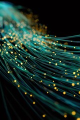 Aufkleber - 抽象的な背景に金色の輝きを持つターコイズブルーのファイバー光ネットワークと通信テクノロジーを示す鮮やかなイメージ