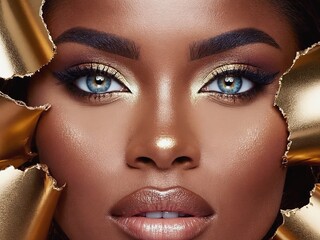 Poster - Bold abstract portrait featuring striking gold elements and captivating blue eyes highlighting beauty and artistry