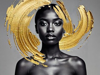 Poster - Elegant abstract portrait showcasing striking beauty with golden accents against a contrasting dark background