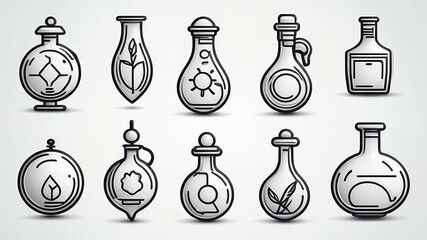 Poster - Ten outlined potion bottles with various symbols on them in a row on a white background