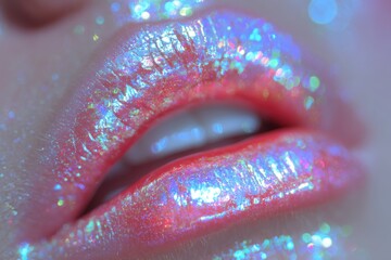 Poster - Close-up of iridescent glitter on lips, creating a sparkling, ethereal beauty look, conveying a sense of glamour and fantasy, perfect for cosmetic advertising.