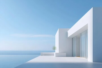Aufkleber - 青い空と海の背景を持つ白いミニマルな家の外観 穏やかな雰囲気 現代的な建築デザイン 休暇の旅行先