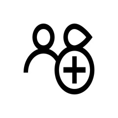 Poster - Icon depicting two stylized figures with a plus sign indicating add user or new connection concept here