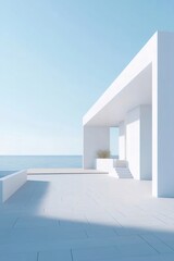 Aufkleber - 海の背景に現代的なミニマル白い建物のエクステリアデザイン 幾何学的構造と明るい青空の下のテラス