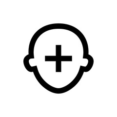 Poster - Outline of a human head with ears and a plus sign in the center in a simple black and white design