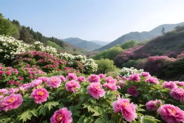 Aufkleber - ピンクと白の牡丹が咲く丘陵地の春の風景 美しい山の背景と穏やかな空の下での自然の美しさ