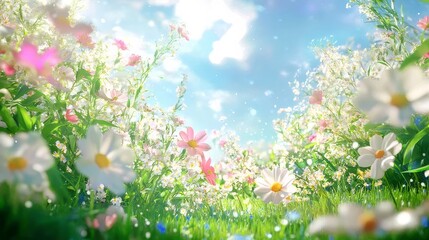 Aufkleber - 青空の下に咲く白い花とピンクの花の牧歌的な風景 草原の緑が鮮やか 明るい太陽光が降り注ぎ 春の息吹を感じさせる背景