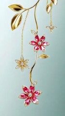 Aufkleber - ピンクの花とゴールドの葉の装飾的な吊り下げ飾り、優雅な背景に宝石が散りばめられた優雅なデザイン