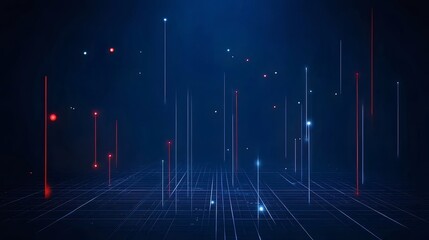 Aufkleber - 青と赤のデジタルデータストリームとグリッドの抽象的な背景に未来的な技術ネットワークの接続と通信のイメージ