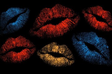 Poster - Colorful kisses on a black background, creating a bold and vibrant pattern that evokes passion and sensuality, perfect for expressing love, beauty, and affection.