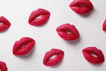 Poster - A vibrant pattern of bright red lipstick marks, passionately kissing on a white canvas, a playful representation of love, beauty, and romantic expression of desire.