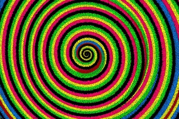 Poster - An abstract concentric circle pattern featuring green, yellow, pink, and blue lines, creating a hypnotic swirl, with a spiral design that draws the eye inward.