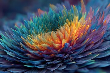 Poster - An abstract, vibrant flower with colorful gradient petals in teal, yellow, and purple, showcasing intricate patterns and a mesmerizing, swirling composition and captivating depth.