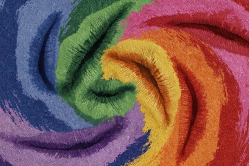Poster - an abstract swirling rainbow pattern created with colored fabric, showcasing vibrant hues and a text