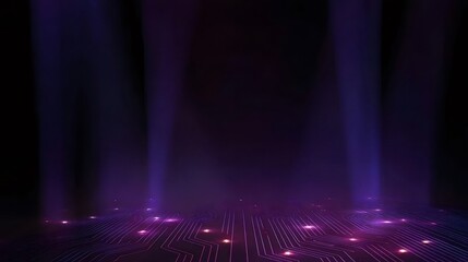Aufkleber - 紫色のスポットライトが付いた暗いステージ背景 紫色にライトアップされた床が特徴の抽象的な背景 輝きと粒子の効果を使用したモダンなデザイン