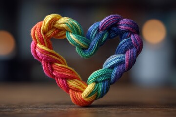 Poster - A vibrant and colorful heart shape braided from embroidery floss on wooden surface, showcasing artistic expression with rainbow hues and intricate knotting style.