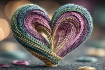 Poster - close-up of a handcrafted heart made from layers of colorful yarn, creating a textured and vibrant s