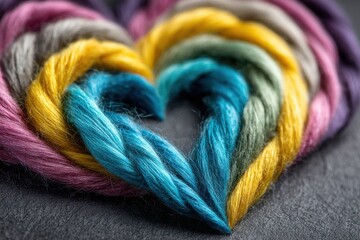 Poster - Close-up shot of a heart made of colorful wool, a beautiful representation of love, diversity, and the beauty of handmade crafts, set against a textured gray backdrop.