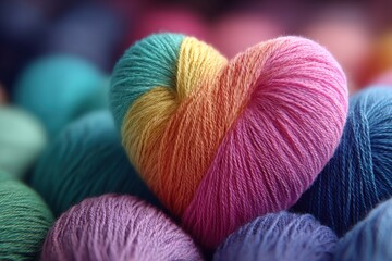 Poster - Close-up of colorful yarn balls, shaped in a heart, symbolizing love and creativity, perfect for DIY craft projects, knitting and crochet hobbies, warm colors.