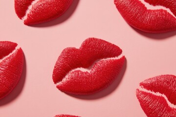 Poster - A vibrant close-up of multiple red lipstick imprints, artistically arranged on a soft pink background, creating a bold and eye-catching design.