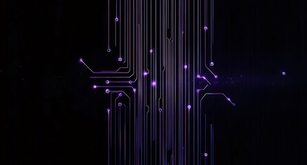 Aufkleber - 紫色の回路基板の抽象的な背景 未来的なテクノロジーデザインと暗い背景に光るデジタルネットワーク