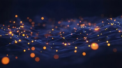 Poster - オレンジ色の輝く粒子と青色の抽象的なメッシュネットワークが特徴的な未来的な技術的背景