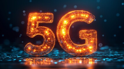 Poster - Glowing orange 5G letters illuminated against dark digital background as symbol for high-speed network technology, Generative AI